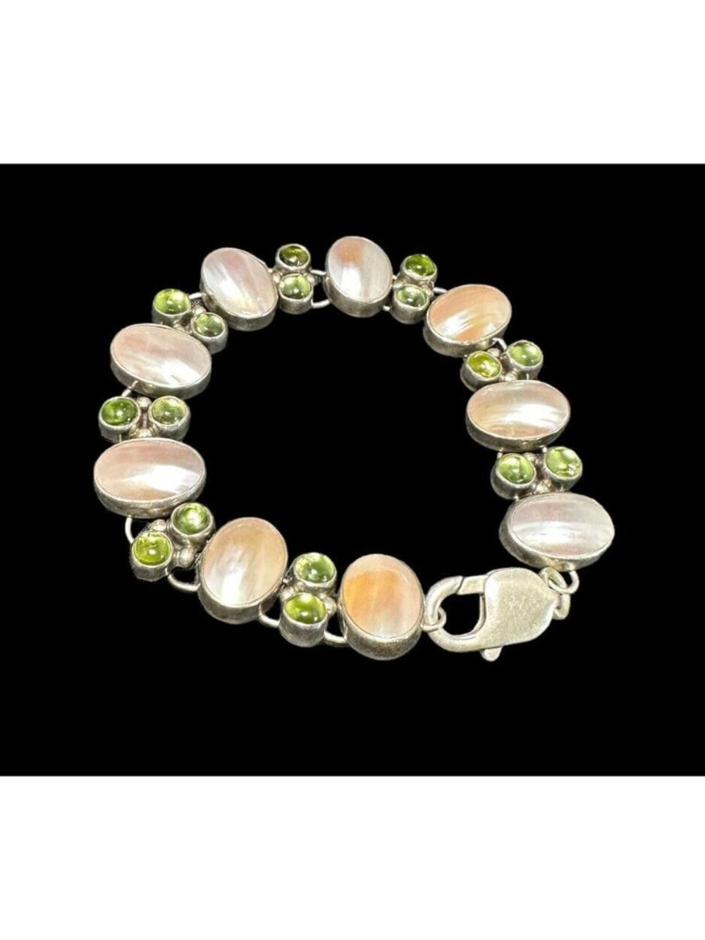 Bracelet Sterling Silver Peridot and Mother of Pearl Chain Link Vintage 7.25 in
